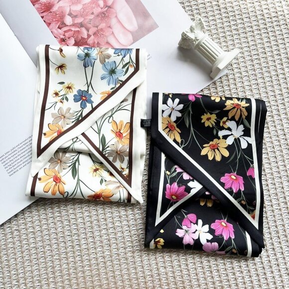 Elegant Yellow & Blue Floral Silk Head Scarf - Lightweight Neck Tie for Women - Picture 6 of 8